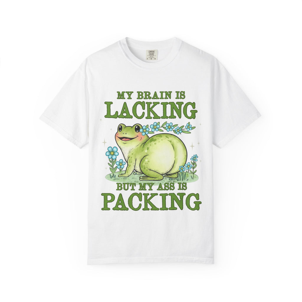 Funny Frog T-Shirt — "My Brain Is Lacking But My Ass Is Packing" Graphic Tee