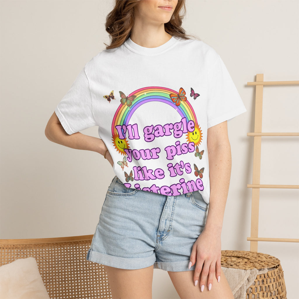 Graphic T-Shirt — "I'll Gargle Your Piss Like It's Listerine" Retro Rainbow Butterfly Tee