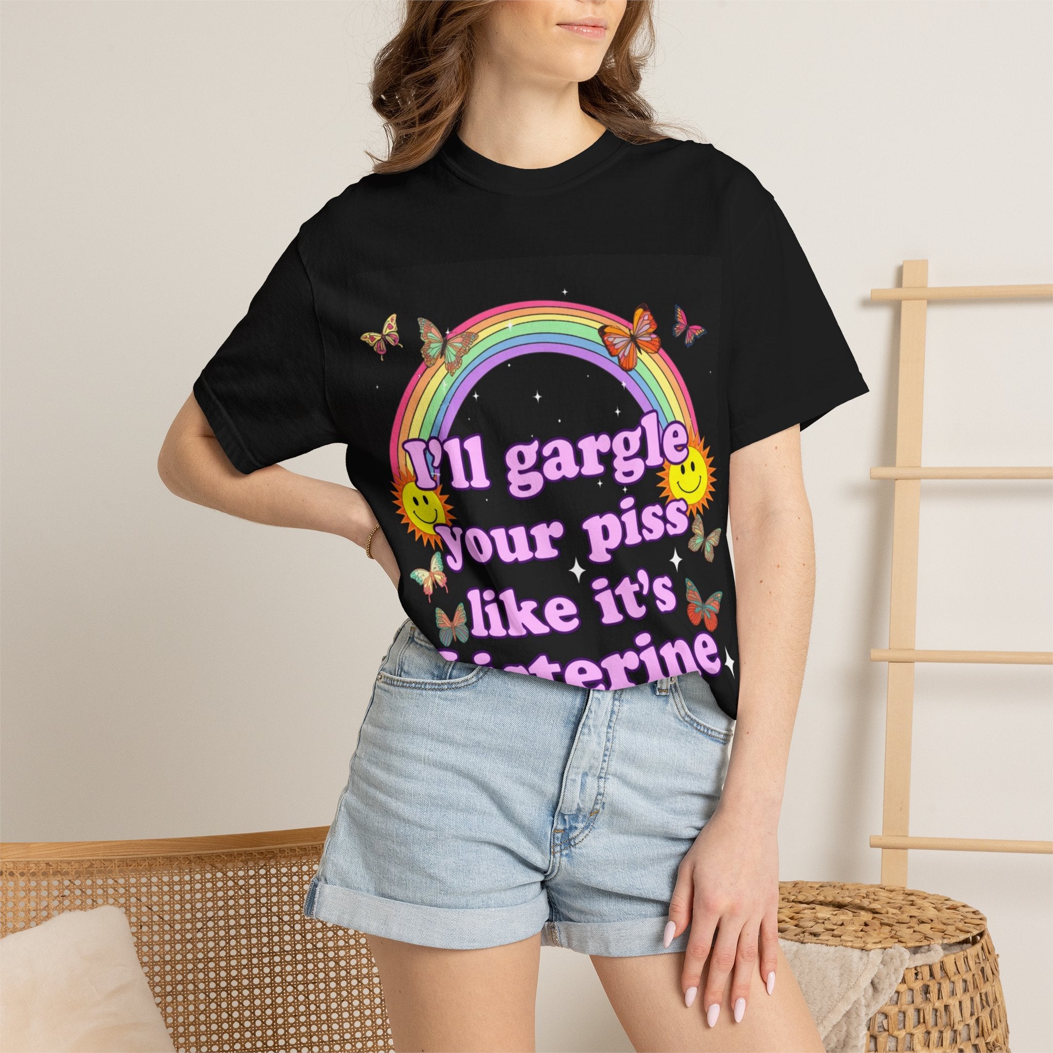 Graphic T-Shirt — "I'll Gargle Your Piss Like It's Listerine" Colorful Rainbow Novelty Tee