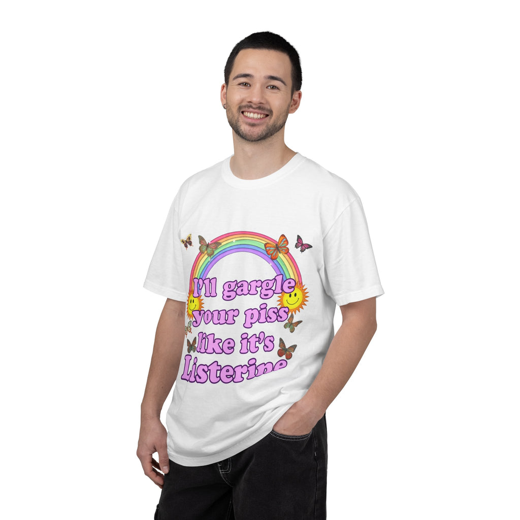Graphic T-Shirt — "I'll Gargle Your Piss Like It's Listerine" Retro Rainbow Butterfly Tee