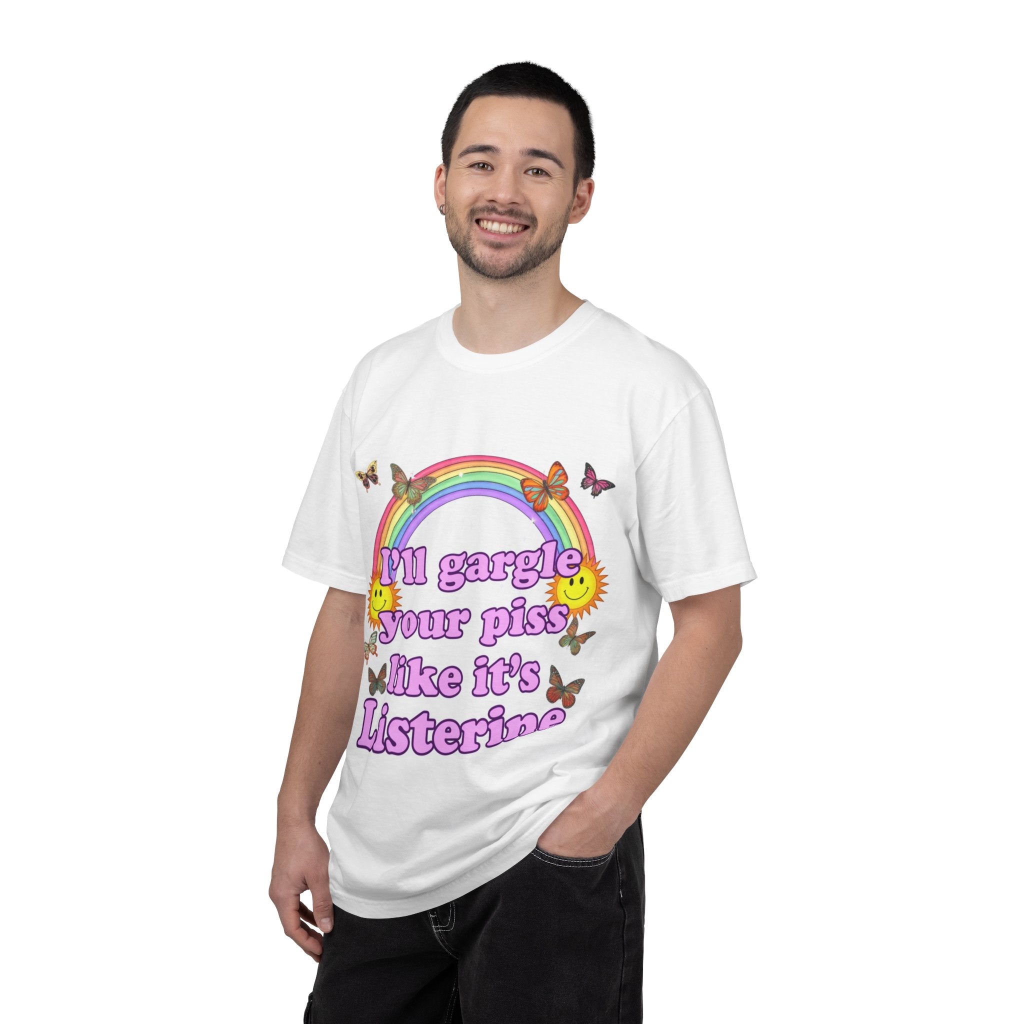 Graphic T-Shirt — "I'll Gargle Your Piss Like It's Listerine" Retro Rainbow Butterfly Tee