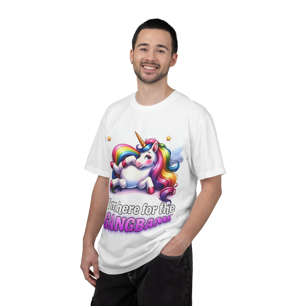 Unicorn Graphic T-Shirt — "I'm Here for the Gangbang" Novelty Tee
